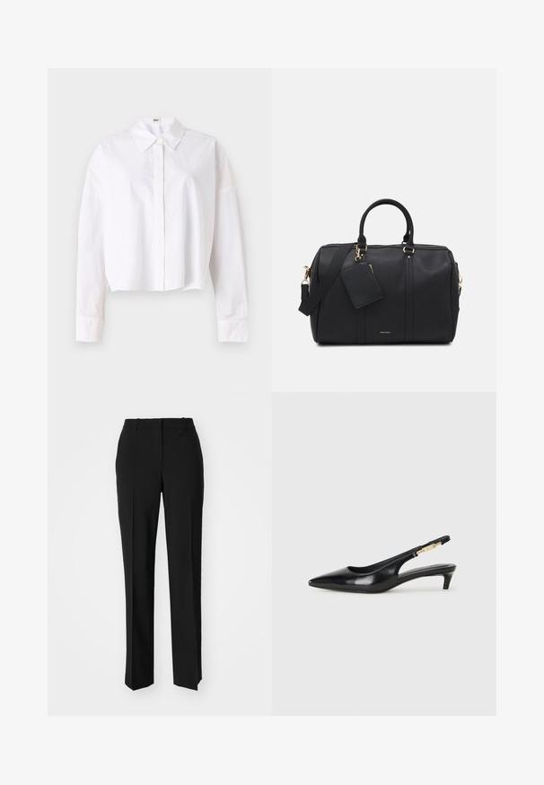 White cropped shirt made of cotton with a classic collar, button-down front, and long sleeves featuring cuffs. Smooth texture, simple design.; Black tailored trousers with a straight-leg design, featuring a smooth texture and crisp creases along the front. No visible hardware.; Black leather slingback heels with a pointed toe, featuring a slim heel and a gold-tone accent on the adjustable strap. Smooth texture.; Black faux leather duffel bag with gold hardware, dual top handles, adjustable shoulder strap, and a removable tag pocket.