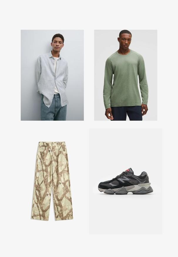 Hellblaue und weiße gestreifte Hemd mit Knopfleiste und Kragen, kombiniert mit hellblauen Jeans. Glattes Material, lockere Passform und lange Ärmel.; Langärmliges Shirt in gedämpftem Grün mit strukturiertem Muster, rundem Ausschnitt und Raglanärmeln, aus weichem, leichtem Stoff gefertigt.; Hosen aus leichtem Stoff in einem hellgrünen Farbton, mit einem Muster von braunen Zweigen, weit geschnitten und mit zwei vorderen Taschen.; Schwarzer und grauer Sneaker mit einer Kombination aus Wildleder und Mesh-Materialien, dicker Sohle, ausgeprägtem Logo und roten Akzenten an der Zunge.