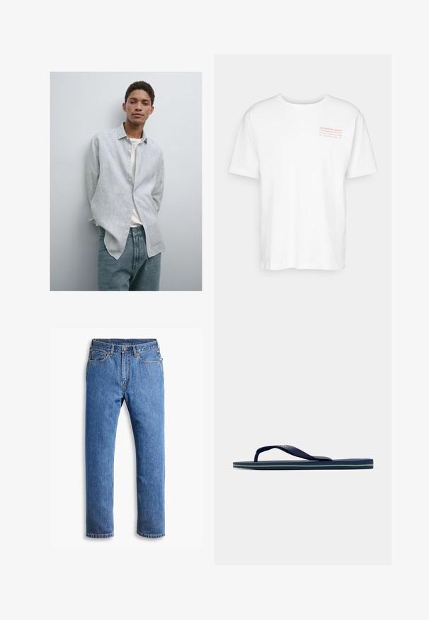 Světle modrá a bílá pruhovaná košile s límečkem, v kombinaci se světle modrými džíny. Hladká látka, volný střih a dlouhé rukávy.; Bílé bavlněné tričko s krátkým rukávem, s jemně růžovým potiskem na levé horní části, kulatým výstřihem a uvolněným střihem.; Modré džínové kalhoty s rovný střih, oblíbené pět kapes, s knoflíkovým zapínáním a oranžovými švy, na čistě bílém pozadí.; Námořnické pantofle s texturovanými gumovými popruhy, tvarovanou stélkou a zelenými pruhy na mezipodešvi. Plochá podrážka, neformální design.