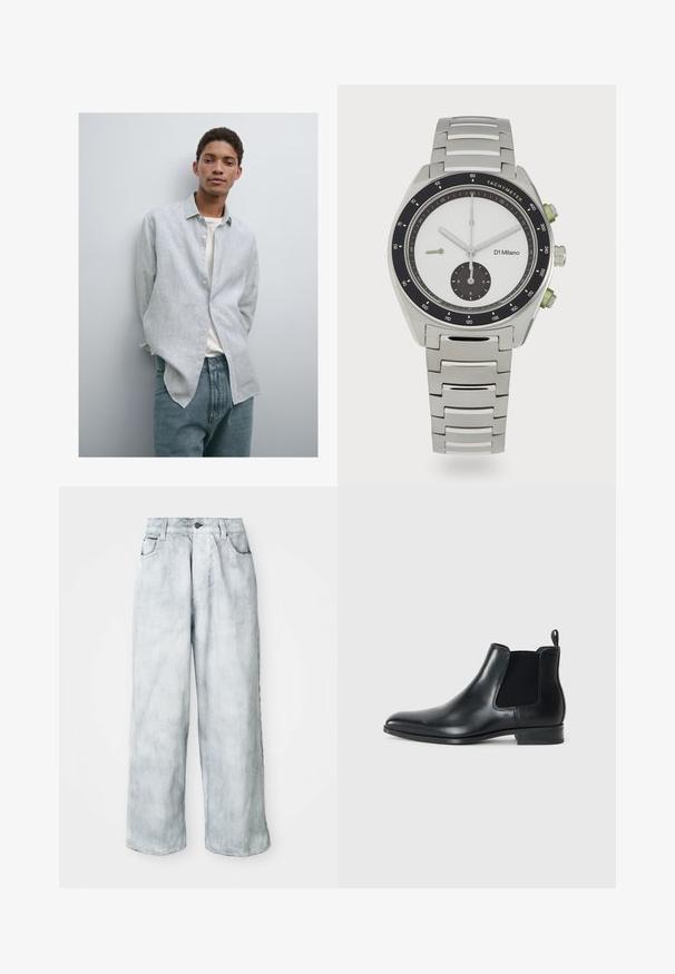 Camicia button-up a righe blu chiaro e bianca con colletto, abbinata a jeans in denim blu chiaro. Tessuto morbido, vestibilità comoda e maniche lunghe.; Jeans a gamba larga in denim chiaro con vita alta, chiusura frontale a bottone e zip, passanti per cintura e tasche anteriori e posteriori.; Stivale Chelsea in pelle nera con pannelli elastici laterali, punta tonda, piccolo strap posteriore e tacco basso impilato. Texture liscia.; Orologio in acciaio inox argentato con quadrante rotondo bianco, lunetta tachimetrica nera, dettagli verdi e bracciale in metallo a maglie.