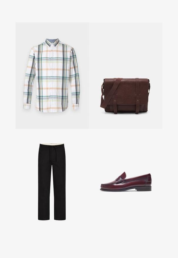 Camicia a maniche lunghe con bottoni in tessuto bianco, caratterizzata da un motivo a quadri multicolore con tonalità di verde, beige e grigio.; Pantaloni neri a gamba dritta con vita elasticizzata, coulisse e design sobrio. Texture del tessuto morbida. Nessun motivo o dettaglio visibile.; Mocassino in pelle bordeaux con punta tonda, dettagli cuciti e un piccolo accentu decorativo sulla tomaia. Suola piatta in contrasto.; Borsa a tracolla in pelle marrone con un davanti piatto, due cinghie, dettagli in metallo dorato e una tracolla regolabile.