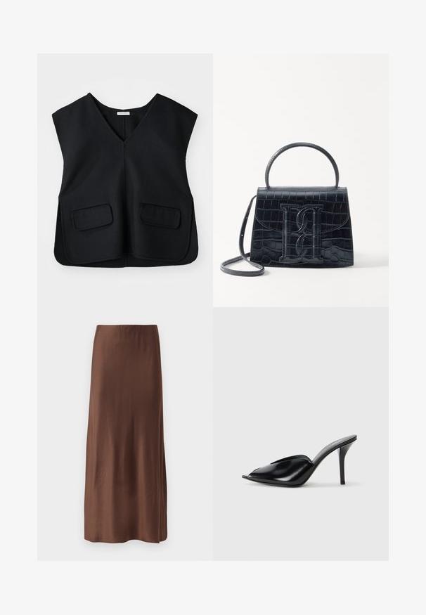Czarna, bezrękawnikowa kamizelka z dekoltem w kształcie litery V, wykonana z teksturowanej tkaniny. Posiada dwie przednie kieszenie i prosty dół.; Brązowa satynowa spódnica midi o gładkiej fakturze, z prostym krojem i bez widocznych wzorów lub ozdób. Prosty i elegancki design.; Czarne skórzane mule na wysokim obcasie z odkrytym palcem, w szpiczastym designie, gładkiej teksturze i smukłym obcasie szpilce.; Czarna torebka z tłoczonej skóry krokodyla o zorganizowanej konstrukcji, z górnym uchwytem, regulowanym paskiem i wyraźnym detalem z logo z przodu.