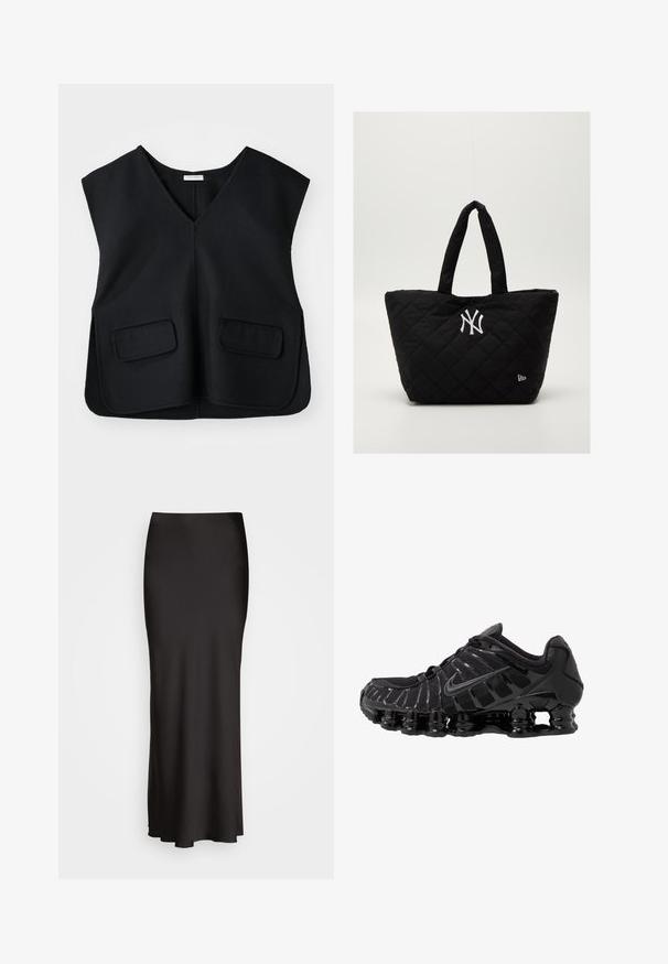Black, sleeveless vest with a V-neck design, made of a textured fabric. Features two front pockets and a straight hem.; Black, floor-length satin skirt with a smooth texture, fitted waistband, and A-line silhouette, featuring no visible embellishments or patterns.; Black athletic shoe with mesh upper and glossy overlays. Features curved coil cushioning and textured lines on the side. Nike logo visible.; Quilted black tote bag with double handles, featuring a white New York Yankees logo and a small brand emblem on the side.