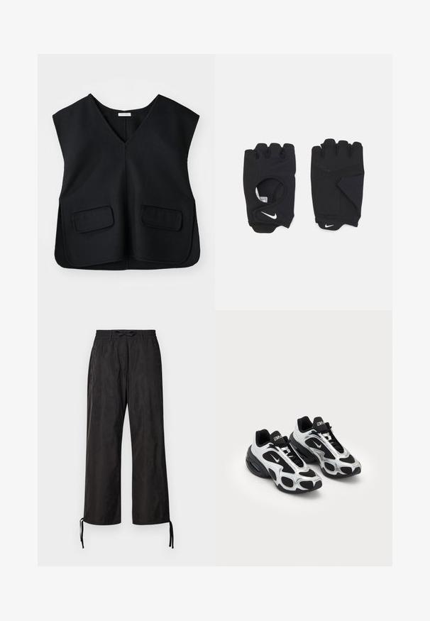 Czarna, bezrękawnikowa kamizelka z dekoltem w kształcie litery V, wykonana z teksturowanej tkaniny. Posiada dwie przednie kieszenie i prosty dół.; Apricot - Top; Czarne, luźne spodnie z elastycznym pasem i regulowanymi sznurkami u kostek. Gładki materiał o subtelnym połysku.; Czarno-srebrne buty sportowe z siateczkową i syntetyczną cholewką, z charakterystycznym falistym wzorem oraz wyściółką wokół kostki, z poduszką powietrzną w podeszwie.; Czarne bezpalcowe rękawice wykonane z elastycznego materiału, z otwartą dłonią, akcentami chwytu i białym logo Nike.