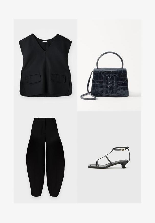 Black, sleeveless vest with a V-neck design, made of a textured fabric. Features two front pockets and a straight hem.; Black wide-leg trousers with a high waist, pleated front, and tapered ankles. Made from smooth fabric with a matte finish.; Black leather sandal with a square toe, thin straps, adjustable ankle strap, and a low heel. Features a small gold accent on the strap.; Black crocodile-embossed leather handbag with a structured design, top handle, adjustable strap, and a prominent front logo detail.