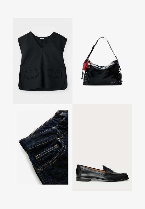 Must mustavest, millel on V-kaelus, valmistatud tekstureeritud kangast. Omab kaht esitaskut ja sirget äärt.; Tumedad sinised teksapüksid kontrastsete oranžide õmblustega, millel on eesmine tasku, nupukujundus ja sile tekstuur.; Lauren Ralph Lauren WYNNIE - Jalga libistatavad jalanõud - black; Must mustraheh, millel on lõtv disain, külgedelt nööridega detailid ja punane aktsent silt. Omab pikka reguleeritavat rihma.