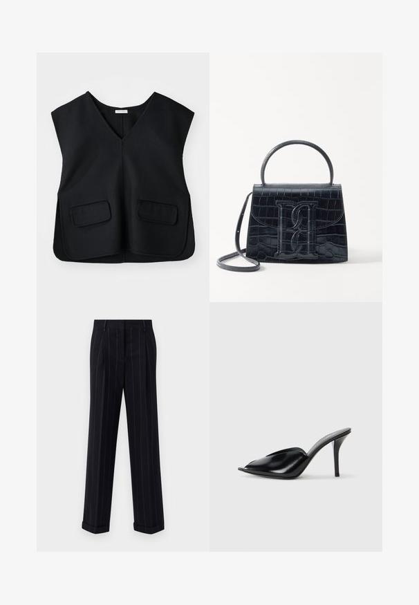 Czarna, bezrękawnikowa kamizelka z dekoltem w kształcie litery V, wykonana z teksturowanej tkaniny. Posiada dwie przednie kieszenie i prosty dół.; Czarne spodnie w paski w stylu tailored, z mankietami i fałdami z przodu. Wykonane z gładkiego materiału o strukturalnym fasonie.; Czarne skórzane mule na wysokim obcasie z odkrytym palcem, w szpiczastym designie, gładkiej teksturze i smukłym obcasie szpilce.; Czarna torebka z tłoczonej skóry krokodyla o zorganizowanej konstrukcji, z górnym uchwytem, regulowanym paskiem i wyraźnym detalem z logo z przodu.
