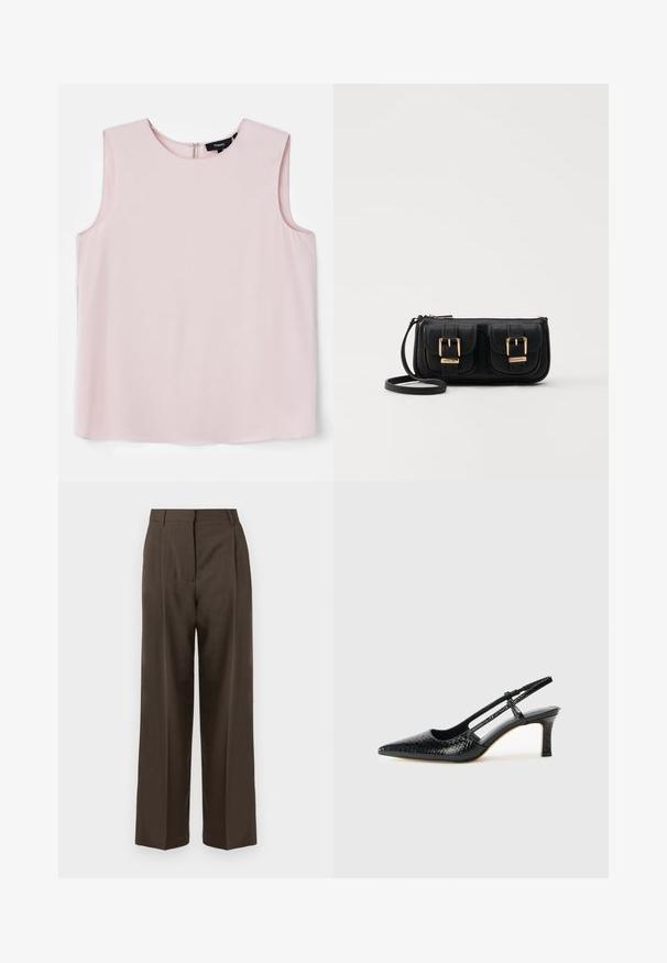 Helle rosa ärmellose Bluse mit runder Ausschnitt und einem dezenten Reißverschluss auf der Rückseite. Glattes Material mit einer lässigen, kastigen Passform.; Braune weite Hosen mit einer glatten Textur, featuring einen hohen Bund, vorne Falten und einem taillierten Design. Keine sichtbaren Taschen oder Verzierungen.; Schwarze Lack-Slingback-Pumps mit spitzem Zehenbereich, versehen mit strukturiertem Schlangenprint, verstellbarem Riemen und einem kurzen, strukturierten Blockabsatz.; Schwarze Leder-Umhängetasche mit zwei vorderen Taschen, goldenen Schnallen, Reißverschluss und einem schmalen Tragegurt. Texturierte Oberfläche und kompakte rechteckige Form.
