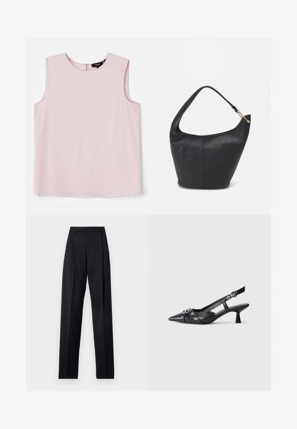 Ljusrosa ärmlös blus med rund halsringning och en subtil dragkedja bak. Slät tyg med en avslappnad, fyrkantig passform.; Svarta byxor i mjukt tyg med hög midja, vida ben, framfickor och klassiska bältesöglor. Inga sidofickor synliga.; Svart lädersko med slingback-design, spetsig tå, dekorativa remmar med metallöglor och en låg klack. Texturerad yta.; Svart läderhandväska med rundad form, bred axelrem och texturerad yta. Har en diskret sömdetalj och accenter i guldton.