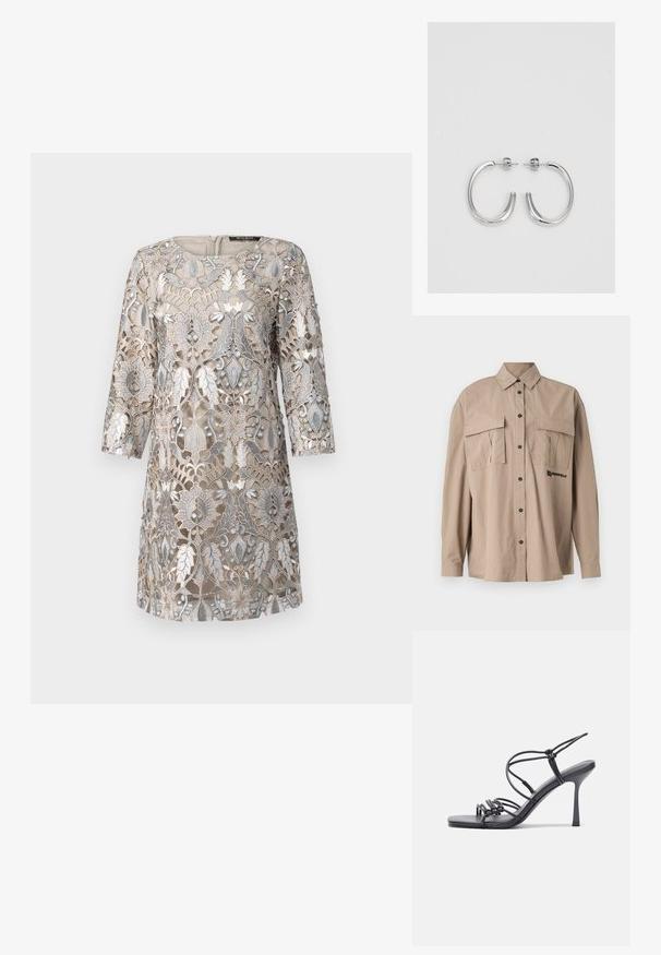 Bežna srajca z gumbi, izdelana iz lahkega blaga, z dvema žepoma na prsih, klasičnim ovratnikom in črno vezenim logotipom na levi strani.; Bežna obleka s zapletenim srebrnim cvetličnim čipkastim prekrivalom, rokavi do tri četrtine, okrogla izrezana, in zadrgo na hrbtu. Podrobnosti z teksturiranim dizajnom.; Črne visoke sandale na peto imajo tanke naramnice z vozlom, gladek kvadratni toe in eleganten stiletto peto.; Svetlo siva kovinska torbica z verižnim ročajem, okrašena z majhnimi okroglimi kovinskimi bleščicami in trikotnim logotipom blagovne znamke.; Srebrne uhančke v obliki obroča z gladko, sijočo površino, ukrivljene oblike in zapiranjem na zatič. Minimalistična zasnova z modernim zaključkom.