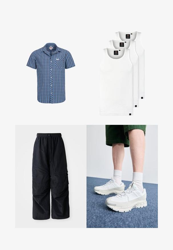 Camicia a maniche corte con bottoni in un motivo a quadretti blu e nero. Presenta una tasca frontale e un logo sul petto. Realizzata in tessuto di cotone.; Tre canotte bianche a coste in cotone. Presentano un colletto rotondo e piccole etichette nere vicino all'orlo. Disponibile in diverse taglie.; Pantaloni cargo leggeri neri in nylon con vita elastica, coulisse regolabile e molteplici tasche sovrapposte sulle gambe.; Scarpe da ginnastica bianche con sovrapposizioni testurizzate, suola spessa e accenti grigi. Indossate con calze corte bianche e pantaloni corti verdi su una superficie blu.