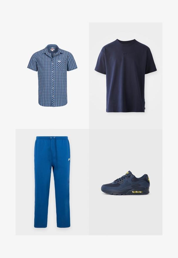 Kratka košulja s kratkim rukavima u plavom i crnom kariranom uzorku. Ima prednju džep i logo na prsima. Izrađena od pamučne tkanine.; Tamno plavi pamukasti T-shirt s okruglim izrezom, kratkim rukavima i izvezenim logotipom na prsima. Glatka tekstura, opušteni kroj.; Plave pamučne trenirka hlače s elastičnim pojasom i vezicama, s bijelim brendiranim logotipom sa strane. Dizajn s ravnim nogavicama, bez uzoraka.; Tamno plavi Nike Air Max tenisice s gornjim dijelom od antilopa i mrežice, s žutim akcentima, vezanjem sprijeda i vidljivim zračnim jastučićima u potplatu.