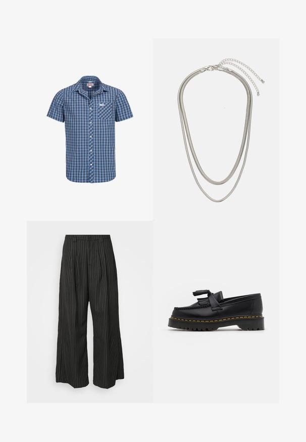 Īsām piedurknēm pogām aprīkota krekls zilā un melnā rūtainā rakstā. Iespējo priekšējā kabata un logotips uz krūtis. Izgatavots no kokvilnas auduma.; Melnas strīpainas platās bikses ar pieūgumiem, ar pielāgotu dizainu un mīkstu tekstūru. Nav redzamu detaļu vai akcentu.; Melnas ādas mokasīni ar pērlītēm uzsvaru, ar masīvu melnu zoli un dzeltenu šuvumu gar malu. Ar teksturētu apdari.; Trīslīmeņu sudraba metāla kaklarota ar gludām, elastīgām ķēdēm, kas spīd, droši piestiprināta ar omā uzgali un regulējamu ķēdi.