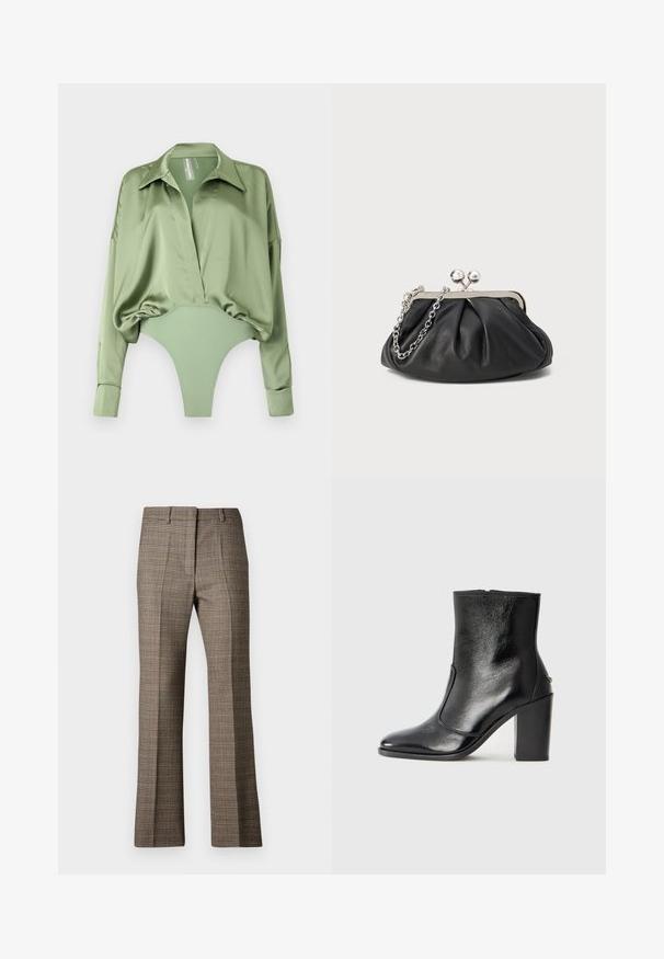 Blusa de cetim verde com um decote profundo à frente, mangas oversized e uma parte inferior de body. Apresenta uma textura suave e colar estruturado.; Calças castanhas em padrão xadrez com corte reto, apresentando um tecido texturizado e cores subtis de bege e castanhos mais escuros ao longo do padrão.; Bota ankle preta em pele com uma textura suave, bico fino e um salto alto robusto. Apresenta uma abertura lateral e um design minimalista.; Clutch de pele preta com textura franzida, estrutura em metal prateado, fecho tipo kiss-lock e alça de corrente. Superfície lisa e suave.