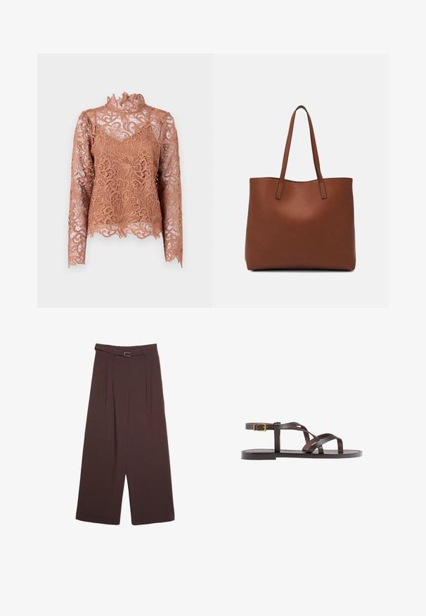 Dlhý rukáv, top s vysokým golierom vyrobený z prepracovanej hnedej čipky s kvetinovými vzormi a volánikmi. Priesvitná tkanina odhaľuje vnútornú vrstvu.; Stradivarius WIDE-LEG WITH BUCKLE DETAIL - Nohavice - dark brown; Hnedé kožené sandály s krížovými popruhmi, uzatváraním na pracku okolo členku a plochou podrážkou s minimálnymi ševmi.; Hnedá kožená taška na rameno s hladkou textúrou, otvoreným vrchom a dvoma ramenými popruhmi. Má minimálne šitia a žiadne viditeľné kovania.