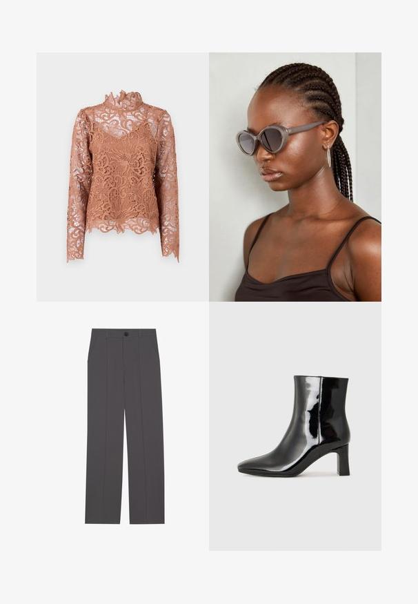 Blusa de manga longa, com gola alta, feita de rendas marrons intrincadas com padrões florais e bordas recortadas. O tecido transparente revela a camada interior.; Calças cinzas com um design de perna reta, apresentando dois bolsos laterais e um fecho de botão. Tecido suave sem padrões ou detalhes visíveis.; Botim de tornozelo em pele sintética preta com bico apontado e salto bloco de altura média. Textura suave e design minimalista.; Óculos de sol cinzentos de tamanho oversized com uma forma arredondada e lentes escuras. Armação de plástico elegante com um acabamento suave. O modelo tem cabelo trançado.