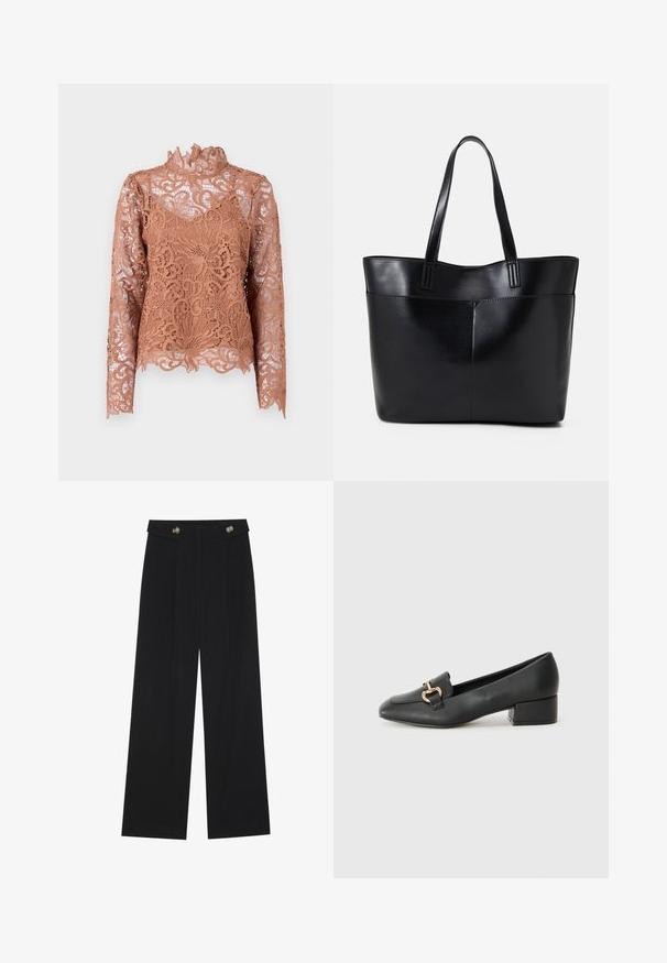 Long-sleeved, high-neck top made of intricate brown lace with floral patterns and scalloped edges. Sheer fabric reveals inner layer.; Black wide-leg trousers with high waist, button details on waistband, and front pleats.; Black leather loafers with a flat heel, featuring a decorative gold hardware detail on the front and a smooth texture.; Black leather tote bag with two long handles, a smooth texture, and a structured shape. Features a front pocket for additional storage.