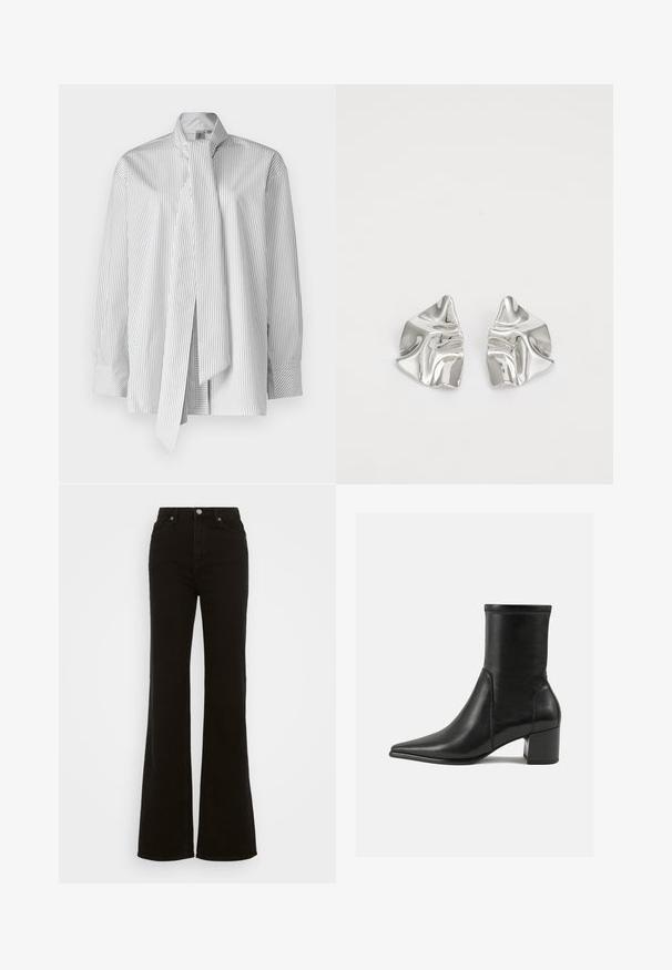 White blouse with vertical black stripes, featuring a high collar and long sleeves. Includes a tie detail at the neck and button closure.; High-waisted black flared jeans made of denim, featuring a button closure, side pockets, and a smooth texture.; Black ankle boot made of smooth leather, featuring a pointed toe, a block heel, and distinct raised stitching at the top edge.; Silver metal earrings with a wavy, sculptural design featuring a polished finish and irregular shapes, highlighting a contemporary aesthetic.
