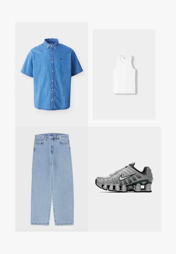 Kratka denim srajca svetlo modre barve z ovratnikom na gumb, ki ima prsni logotip in opazne šivarske podrobnosti.; Bela bombažna majica brez rokavov z okroglo izrezom, širokimi naramnicami in ravnim robom, ki se ponaša z gladko teksturo in brez vidnih vzorcev.; Svijetloplave traperice s ravnim nogavicama, srednjeg struka, pet džepova te zatvaranjem na gumb i munju.; Sive in črno Nike tekaška čevelj s vidno vzmetno blaženje pod podplatom in belim logotipom swoosh na strani.