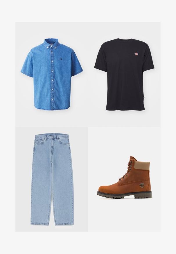 Gaišzils īsās piedurknēs džinsa krekls ar pogu uz leju apmali, kuram ir krūšu logo un pamanāmi šuvju detaļas.; Melnas kokvilnas T-krekls ar īsām piedurknēm, apaļu kakla izgriezumu un mazu krāsainu logo uz kreisā krūšu. Iezīmē taisnu apakšmalu.; Gai zila džinsu bikses ar taisnu kāju dizainu, kas piedāvā vidēju vidukļa augstumu, piecas kabatas un pogas un rāvējslēdzēja aizdari.; Timberland Šņorējami puszābaki - medium orange