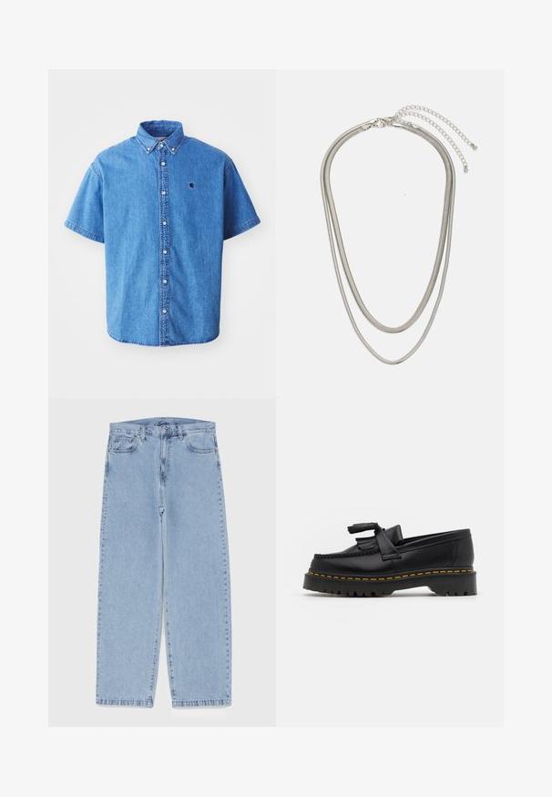 Camicia in denim a maniche corte di colore azzurro chiaro con colletto button-down, presenta un logo sul petto e dettagli di cucitura evidenti.; Jeans in denim azzurro chiaro con design a gamba dritta, caratterizzati da una vita media, cinque tasche e chiusura con bottone e zip.; Mocassino in pelle nera con un'accento a frange, dotato di una suola nera spessa e cuciture gialle lungo il bordo. Finitura testurizzata.; Collana in metallo argentato a tre strati caratterizzata da catene sottili e flessibili con una leggera lucentezza, fissata con un gancio a molla e una catena regolabile.