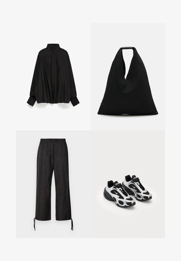 Blusa nera con colletto alto, maniche lunghe e polsini con bottone. Realizzata in un tessuto liscio e lucido, presenta una vestibilità morbida e una cucitura centrale sul retro.; Apricot Top - white; Pantaloni neri larghi con una cintura elastica e cordini regolabili alle caviglie. Tessuto liscio con una leggera lucentezza.; Scarpe da ginnastica nere e argentate con tomaia in mesh e materiale sintetico, caratterizzate da un design ondulato distintivo e colletto imbottito, con ammortizzazione ad aria nella suola.; Borsa tote in tessuto nero con un design unico a forma di V e una texture liscia. Presenta un manico corto con dettagli hardware minimalisti.; Guanti neri senza dita realizzati in materiale elastico, con un design per il palmo aperto, dettagli antiscivolo e il logo Nike in bianco.