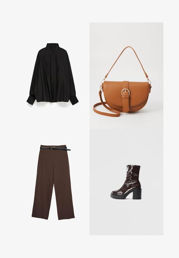Schwarze Bluse mit hohem Kragen, langen Ärmeln und geknöpften Manschetten. Aus glattem, glänzendem Stoff gefertigt, mit lockerer Passform und einer Mittelnähten auf der Rückseite.; Braune weit geschnittene Hose mit glatter Textur, versehen mit einem schwarzen Gürtel und einem maßgeschneiderten Bund, der eine strukturierte Passform bietet.; Glatte bordeauxrote Ankle Boots mit einem klobigen schwarzen Absatz, die eine glatte Oberfläche und ein einfaches Design aufweisen. Keine sichtbaren Verschlüsse oder Muster.; Braune Leder-Crossbody-Tasche mit geschwungener Form, goldfarbenen Beschlägen und einer Schnallenakzentuierung. Verfügt über einen abnehmbaren Schultergurt.