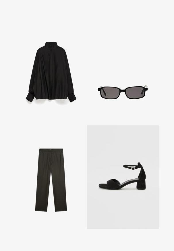 Black blouse with a high collar, long sleeves, and buttoned cuffs. Made of smooth, lustrous fabric, featuring a relaxed fit and center back seam.; Dark green, wide-legged trousers with a smooth texture, elastic waistband, and side pockets. Simple design with no visible patterns or hardware.; Black suede heeled sandals with a thin ankle strap, open toe design, and a modest block heel. Smooth texture and minimal accents.; Black rectangular sunglasses with gray lenses, plastic frame, and metallic accents on the temples. Smooth texture and minimalist design.; Black leather handbag with a rounded shape, featuring two front pockets and a single shoulder strap. Smooth texture with subtle branding.