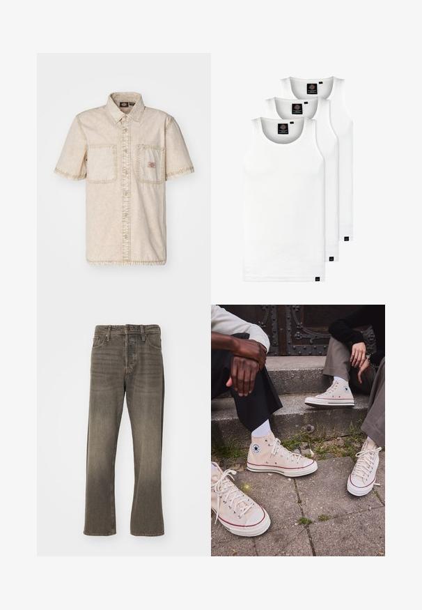 Beige kortermet skjorte med knappelukking foran, to brystlommer, synlige sømdetaljer og klassisk krage.; Tre hvite ribbestrikkede tank topper laget av bomull. Har en rund hals og små svarte etiketter nær kanten. Tilgjengelig i flere størrelser.; Brune denimjeans med rett ben-design, som har en falmet tekstur, tradisjonell fem-lomme styling og metallknapplukking.; Beige høye duk-sneakers med rød stripe, hvit gummiksole og metalløyer, med ikonisk stjerne logo på siden.