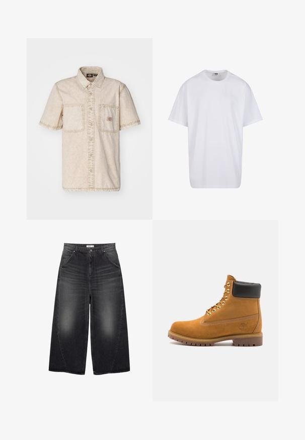Beige overhemd met korte mouwen, een knoopsluiting aan de voorkant, twee borstzakken, zichtbare stikseldetails en een klassieke kraag.; Witte katoenen t-shirt met korte mouwen, ronde hals, relaxte pasvorm en zonder zichtbare logo's of patronen. Gladde textuur en minimalistisch ontwerp.; PULL&BEAR MEGA BAGGY - Baggy jeans - black; Tan suède enkelboot met zwart gevoerd kraagje, gouden metalen oogjes, witte stikdetails en een robuuste rubberen zool met uitgesproken profiel.