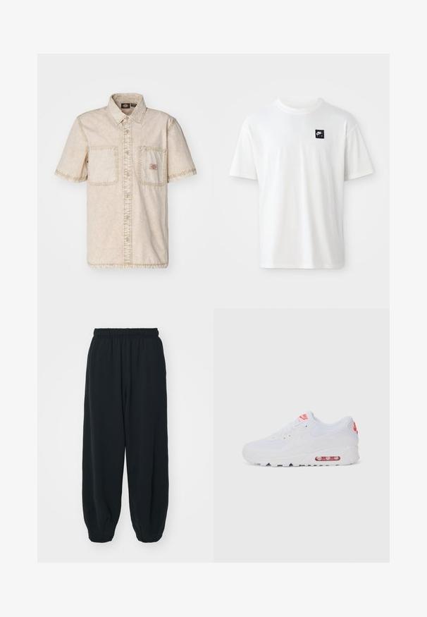 Beige overhemd met korte mouwen, een knoopsluiting aan de voorkant, twee borstzakken, zichtbare stikseldetails en een klassieke kraag.; Witte katoenen t-shirt met korte mouwen en een ronde hals; heeft een klein zwart rechthoekig Nike Air logo op de linkerkant van de borst.; Zwarte, elastiche sweatpants met een losse pasvorm, manchetten aan de enkels, een zachte textuur en zonder zichtbare patronen of hardwareaccenten.; Witte sportieve sneaker met een gladde bovenkant, vetersluiting, gevoerde zool en een zichtbare luchtunit met rode accenten op de branding.