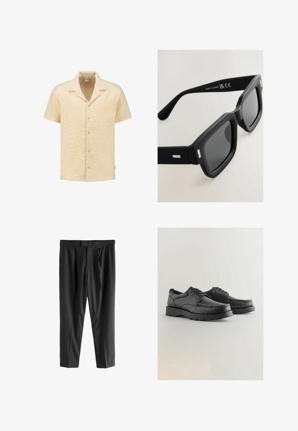 Rövidujjú ing textúrált világos sárga anyagból, geometrikus mintával, bemetszett gallérral és öt gombbal elöl.; Next REGULAR FIT -CHECK SMART - Vászonnadrágok - black; Fekete bőr cipők textúrált felsőrésszel, kerek orral, fűzős kialakítással és vastag gumitalppal, amely barázdált mintázattal rendelkezik.; Fekete téglalap alakú napszemüveg matt felülettel, sötét lencsékkel és ezüst kiegészítőkkel az oldalsó részeken. Vastag keret kialakítással és sima textúrával rendelkezik.