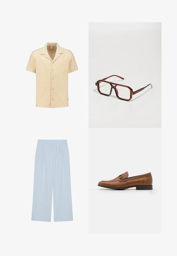 Korte mouwen overhemd van geweven lichtgele stof, met een geometrisch patroon, een notch-kraag en vijf knopen aan de voorkant.; Lichtblauwe wijde broek gemaakt van een gladde stof, met voorplooien en een elastische tailleband voor comfort.; Bruine leren loafers met een platte hak, voorzien van een decoratieve metalen accent aan de voorkant, elegant ontwerp en een gladde textuur.; Bruine transparante oversized brillen met rechthoekige lenzen en slanke armen. Gehoekte, licht afgeronde hoeken en zichtbare hardwareaccenten.; Zilveren metalen horloge met een geborstelde blauwe wijzerplaat, witte uurmarkeringen en een datumweergave. Voorzien van een geschakelde metalen band en het logo van het merk.