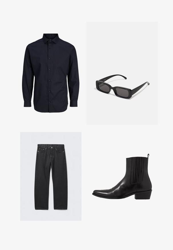 Námornícky modrá košeľa na gombíky s dlhými rukávmi, štandardný golier, predný patenty, hladká textúra a manžety na jeden gombík.; Čierne denimové nohavice so strihom rovného nohavicu, s gombíkovým zapínaním, piatimi vreckami a kovovými detailmi v medi. Hladká textúra.; Čierne kožené členkové topánky s špičatou špičkou, elastickými bočnými panelmi, vertikálnymi švami a nízkym blokovým podpätkom.; Čierne obdĺžnikové slnečné okuliare s tmavými šošovkami, lesklým povrchom, širokými ramenami a robustným rámovým dizajnom. Vygravírované meno značky na jednom ramene.