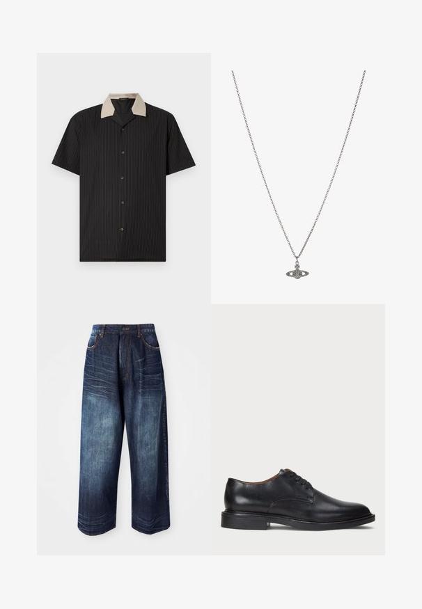 Camicia a maniche corte nera con strisce verticali, dotata di colletto beige e bottoni frontali. Realizzata in tessuto leggero con una consistenza liscia.; Pantaloni wide-leg in denim blu scuro con vita alta, cuciture a contrasto, tasche frontali e una texture liscia con leggera sbiaditura.; Scarpa da uomo in pelle nera con punta rotonda, design con lacci e tacco basso impilato. Texture liscia con dettagli di cucitura minimi.; Collana in argento con un pendente dettagliato a forma di pianeta, adornato con piccole decorazioni e motivi intricati.