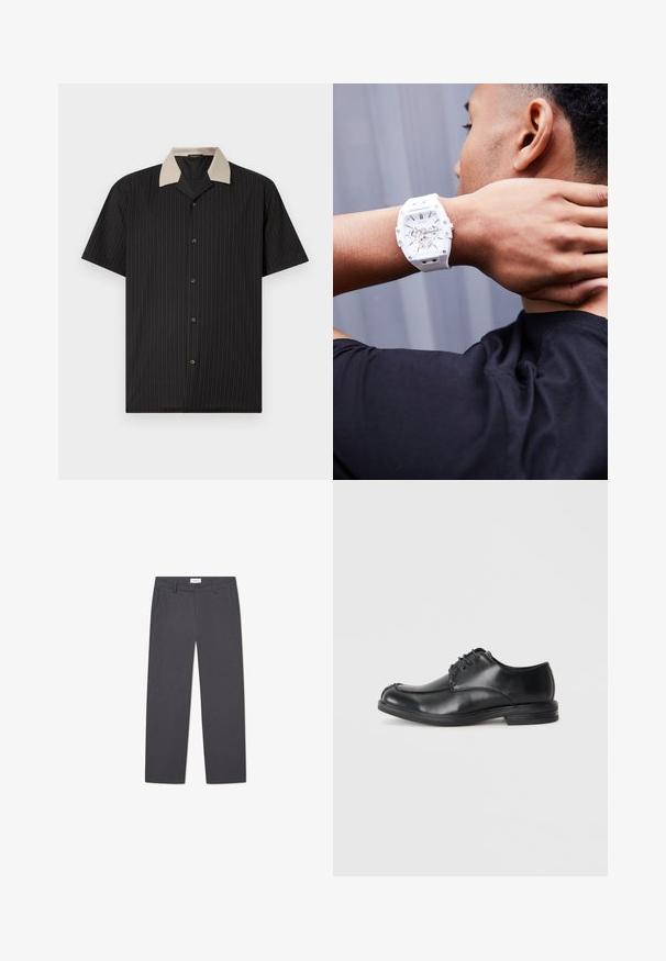 Juoda trumpa rankovė marškiniai su vertikaliomis juostelėmis, su smėlio spalvos apykakle ir priekiniais mygtukais. Pagaminti iš lengvo audinio su lygia tekstūra.; Pilki tiesūs kelnes, pagamintos iš lengvos medžiagos, su dviem priekinėmis kišenėmis ir užtrauktuku su mygtuko uždarymu.; Juodi odiniai bateliai su raišteliais, su apvalia nosimi, lygiu paviršiumi ir žemu kulnu. Yra siuvimo detalės viršuje ir šonuose.; Baltas guminis laikrodis su masyviu dizainu, skaidriu ciferblatu ir sidabriniais akcentais, dėvimas ant riešo prieš tamsios marškinių fono.