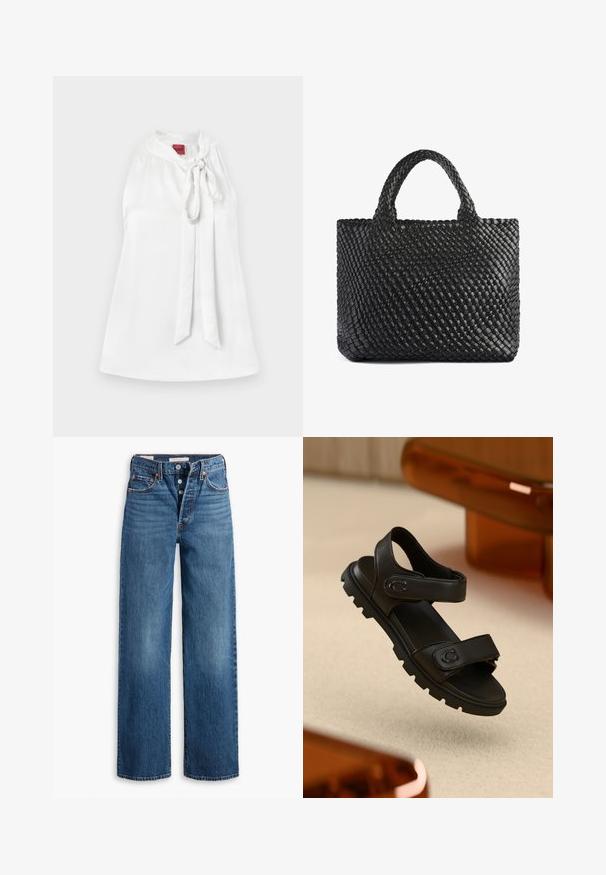 Witte satijnen mouwloos topje met een mandarin kraag en een strikdetail aan de voorkant. Soepele textuur en eenvoudig ontwerp. Label zichtbaar bij de halslijn.; Twee mouwloze bodysuits in olijfgroen en zwart. Gemaakt van een gladde stof met een ronde halslijn en een hoog uitgesneden beenontwerp.; Blauwe denim jeans met een wijduitlopende ontwerp, vijf zakken, knoopsluiting en contrasterende stiksels. Gestructureerde stof met een vervaagde afwerking.; Zwarte leren sandaal met twee verstelbare banden, een gestructureerde zool en een gedurfde, robuuste uitstraling. Heeft een logo-accent op de band.; Zwarte geweven tas met twee handvatten, met een gestructureerd oppervlak en een rechthoekige vorm. Eenvoudig, uniek ontwerp zonder zichtbare bevestigingsmiddelen.