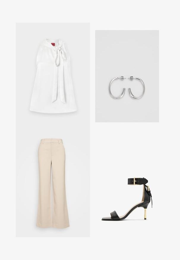 Hvid satin ærmeløs top med en mandarin krave og en front bindedetalje. Glat tekstur og simpelt design. Etiketten er synlig ved halsudskæringen.; Beige vidde bukser med en glat overflade, der har en høj talje og to forlommer. Renset design med en skræddersyet pasform.; Sort læder hæl sandal med firkantet tå, ankelrem med en guldbuckle og en slank metallisk hæl. Glat tekstur, minimalistisk design.; Sølv hoop øreringe med en glat, skinnende overflade. Rundet form, letvægtsdesign med post-back lukning.