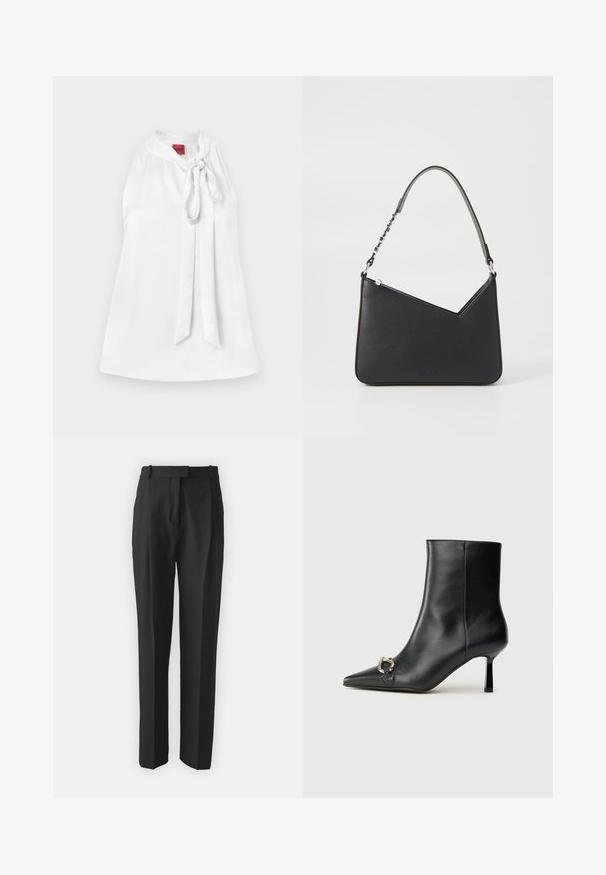 Balta satino liemenėlė be rankovių su mandarinų apykakle ir priekyje sutrauktu detaliu. Lygus paviršius ir paprastas dizainas. Etiketė matoma ant kaklo.; Juodi pritaikyti kelnes pagamintos iš lengvos medžiagos, turinčios tiesų kirpimą, plokščią priekinę dalį ir diržo kilpas. Lygus paviršius be matomų raštų.; Juodas odinis apavas iki kulkšnies su smailiu nosiu, plonu vidutinio aukščio kulnu ir sidabriniu sagties akcentu šone, prieš paprastą foną.; Juodos odos rankinė trikampio formos, su siauru dirželiu ir sidabriniais aksesuarais. Yra užtrauktuko uždarymas ir iškilmingas logotipas priekyje.