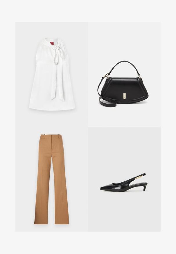 Fehér selyem ujjatlan blúz mandarin gallérral és elülső megkötő részlettel. Sima textúra és egyszerű dizájn. Címke látható a nyaknál.; HUGO HULANA - Vászonnadrágok - open brown; Fekete bőr slingback magassarkúk, hegyes orral, vékony sarkakkal és arany színű részlettel a állítható pánton. Simа felület.; Fekete bőr kézitáska, strukturált dizájnnal, rövidített formával, felső fogantyúval és arany színű kiegészítőkkel. Állítható vállpánt is tartozik hozzá.