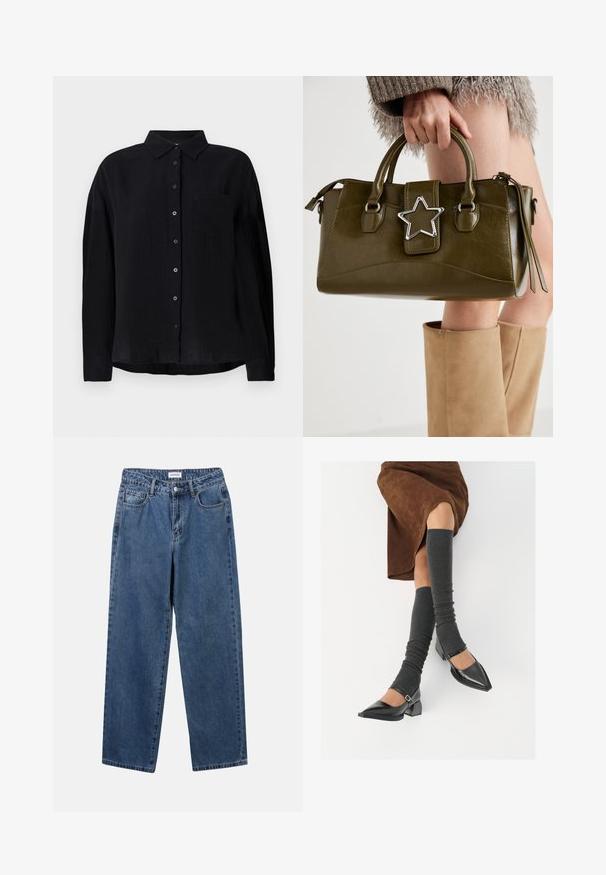 Fekete, hosszú ujjú ing, könnyű anyagból készült, hegyes gallérral, gombos elülső résszel, egyetlen mellzsebbel és laza szabású.; Klasszikus kék farmernadrág egyenes szárú dizájnal, öt zsebbel és gombos zárással. Közepes mosású és strapabíró textúrával rendelkezik.; Fekete lakk bőrből készült, hegyes orrú cipők, tömbsarkúakkal és bokapánttal, szürke bordás lábszármelegítőkkel és barna velúr szoknyával párosítva.; Olívazöld műbőr kézitáska ezüst csillag díszítéssel, dupla fogantyúval és cipzáros zárással. Texturált felület és formázott alak.