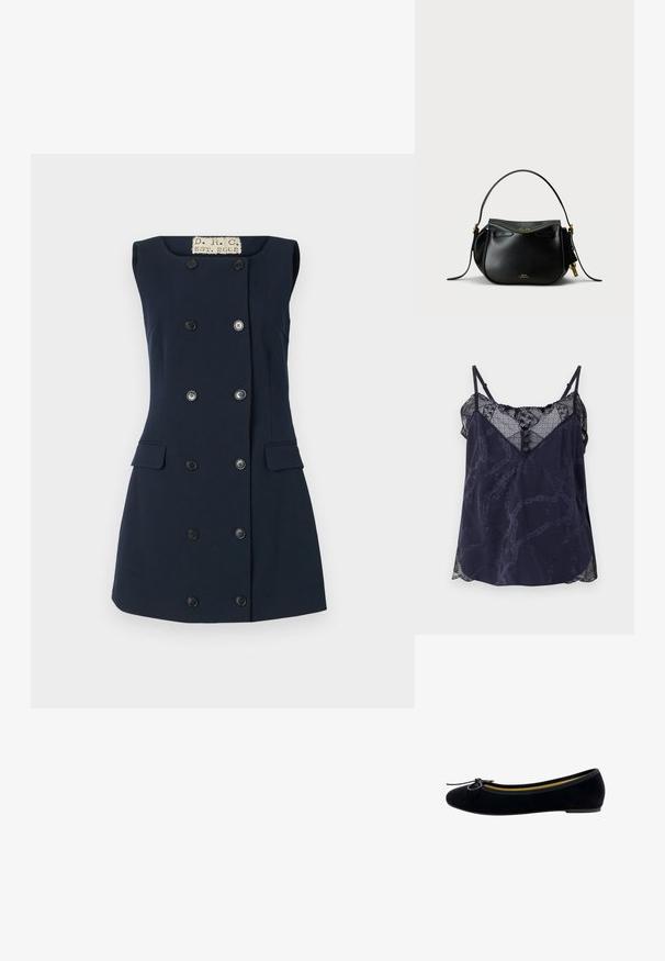 Canotta navy con bordini in pizzo e orli ondulati, caratterizzata da un motivo geometrico e dettagli con bottoni sul colletto. Tessuto morbido.; Abito senza maniche blu navy con una forma aderente, chiusura a doppio petto con bottoni, due tasche frontali e colletto piatto per una silhouette strutturata.; Pantofole da balletto in velluto nero con punta rotonda, piccola applicazione a fiocco sul davanti e una fodera interna gialla a contrasto.; Borsa a mano in pelle nera con forma arrotondata, un unico manico superiore e dettagli in metallo dorato. Presenta una chiusura con zip e un discreto logo.