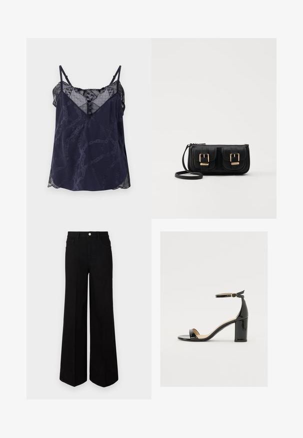 Canotta navy con bordini in pizzo e orli ondulati, caratterizzata da un motivo geometrico e dettagli con bottoni sul colletto. Tessuto morbido.; Jeans neri a gamba larga realizzati in tessuto resistente, con vita alta, tasche frontali e chiusura con bottone anteriore. Orlo piatto sul fondo.; Sandalo in vernice nera con tacco largo, punta aperta e cinturino alla caviglia con fibbia dorata. Texture liscia e design elegante.; Borsa a tracolla nera in pelle con due tasche frontali, fibbie dorate, chiusura con zip e una tracolla sottile. Superficie texturizzata e forma rettangolare compatta.