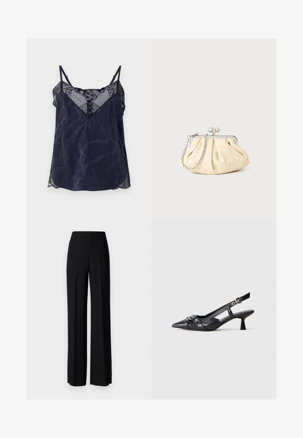 Navy camisole with lace trim and scalloped edges, featuring a geometric pattern and button detail at the neckline. Soft fabric texture.; Black wide-leg trousers with a smooth texture, featuring a high waistband and center pleats. No visible patterns or hardware details.; Black leather slingback shoe with a pointed toe, decorative straps featuring metal eyelets, and a low block heel. Textured surface.; Pleated beige leather clutch with a silver metal frame, featuring two round decorative clasps and a silver chain strap.