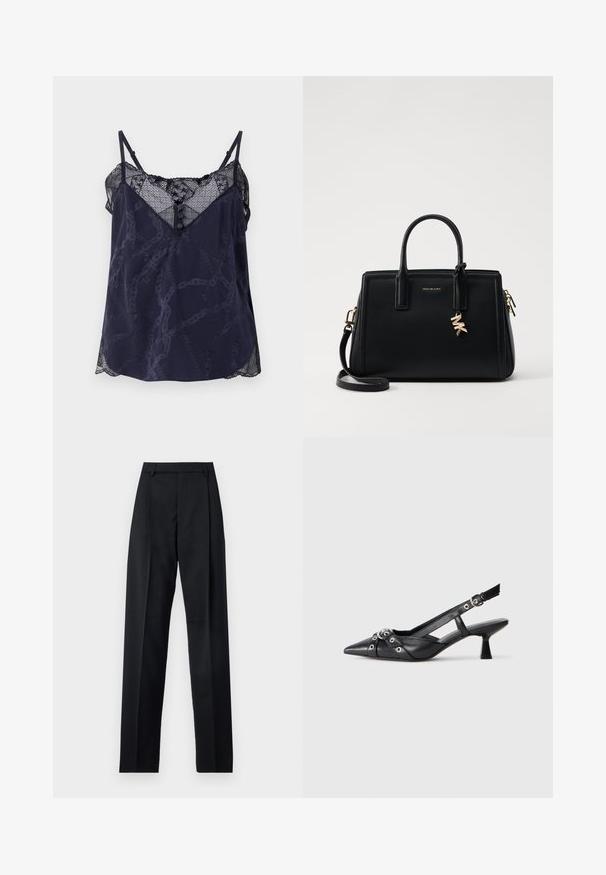 Marineblå cami med blondekant og bølgede kanter, der har et geometrisk mønster og knapdetalje ved halsen. Blødt stof.; Sorte bukser lavet af glat stof, der har høj talje, brede ben, frontfolder og klassiske bælteløkker. Ingen synlige sidelommer.; Sort lædersandal med spids tå, dekorative stropper med metaløjer og en lav blokhæl. Struktureret overflade.; Sort læder håndtaske med struktureret design, dobbelt top håndtag, aftageligt skulderrem, guld hardware og en logo charme accent.