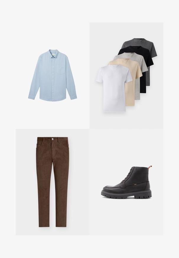 Světlomodrá košile s dlouhým rukávem vyrobená z látky s texturovaným vzorem, vybavená límečkem na knoflíky a jednou kapsou na hrudi.; Sada pěti triček s krátkým rukávem v bílé, béžové, světle šedé, tmavě šedé a černé barvě. Vyrobena z hladké bavlny, s designem kulatého výstřihu.; Hnědé manšestrové kalhoty s rovný střih, vybavené knoflíkovým zapínáním, předními kapsami a vertikálním žebrovaným vzorem po celém povrchu.; Hnědé kožené kotníkové boty s kulatou špičkou, tonální prošívání, robustní černou gumovou podrážkou a oranžovou poutkem na patě.