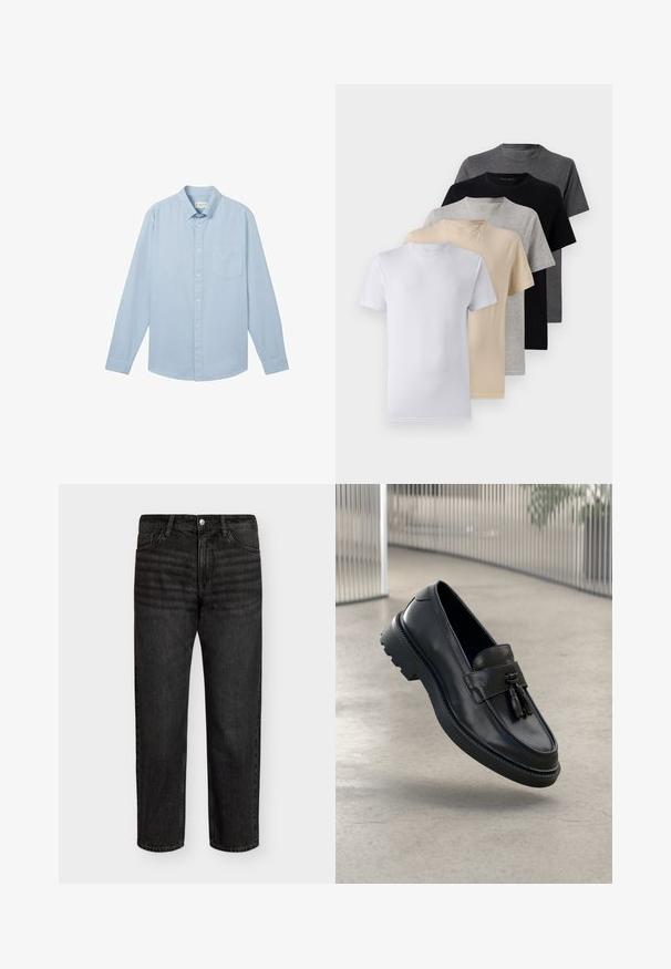 Lyseblå langermet skjorte laget av stoff med teksturert mønster, med krage som kan lukkes med knapper og en enkelt brystlomme.; Sett med fem kortermede t-skjorter i hvit, beige, lys grå, mørk grå og svart. Laget av glatt bomull, med rund hals design.; Svarte denimjeans med rette ben, med middels høyde på livet, fem lommer og metallknapplukking. Glatt tekstur med subtil falming.; Svarte skinnloafers med jevn finish, dekorativ dusk, tykk gummisåle og syede detaljer. Lettvektig og elegant design.