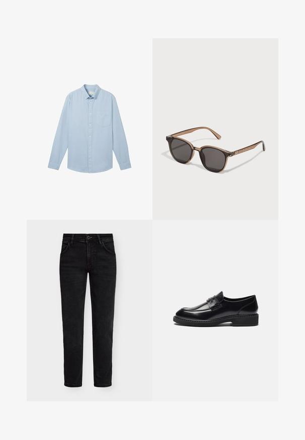 Lichtblauw overhemd met lange mouwen, gemaakt van stof met een gestructureerd patroon, voorzien van een button-down kraag en een enkele borstzak.; Set van vijf T-shirts met korte mouwen in wit, beige, lichtgrijs, donkergrijs en zwart. Gemaakt van gladde katoen en voorzien van een ronde hals.; Zwarte denim jeans met een regular fit, voorzien van een rits en knoopsluiting, en vijf zakken. Glad textuur en klassiek ontwerp.; Zign LEATHER - Zakelijke loafers - black; Bruine plastic zonnebril met donkere lenzen, ronde vorm en taps toelopende pootjes. Opvallende versiering op de slapen.
