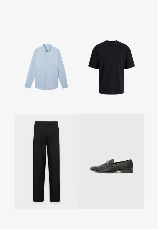 Camicia azzurro chiaro a maniche lunghe realizzata in tessuto con un motivo testurizzato, dotata di colletto button-down e una tasca sul petto.; T-shirt in cotone nero con collo rotondo, maniche corte e vestibilità morbida. Texture liscia senza pattern o dettagli visibili.; Pantaloni neri realizzati in tessuto liscio, caratterizzati da un taglio dritto, due pieghe frontali e una vita standard con passanti per la cintura.; Mocassino in pelle nera con finitura liscia, caratterizzato da un design cucito e da un accento decorativo in catena metallica sul vamp. Tacco piatto.
