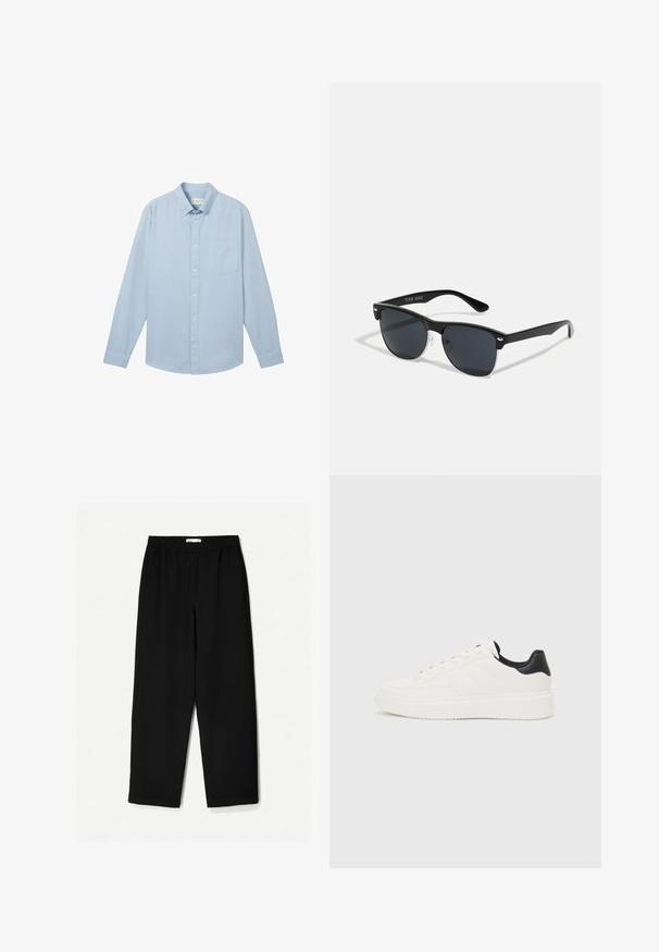 Svijetloplava košulja dugih rukava izrađena od tkanine s teksturiranim uzorkom, s kragnom na dugme i jednim džepom na prsima.; Crne hlače širokih nogavica izrađene od laganog materijala. Imaju elastičnu traku u struku i glatku teksturu. Nema vidljivih uzoraka niti hardvera.; Bijela kožna tenisica s utisnutim uzorkom, teksturiranom bijelom potplatom i crnim naglaskom na peti. Ima zaobljen nos i ravne vezice.; Crne sunčane naočale pravokutnog oblika, tamne leće, srebrni detalji na sljepoočnicama i matirajuća završna obrada okvira.